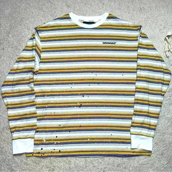 🔥Betweenand Striped Long Sleeve Shirt Medium Yellow Black White Splatter Design - Picture 1 of 8
